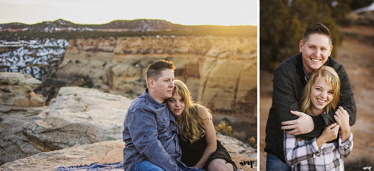 Kari & Damon's winter sunset engagement photography on the Colorado National Monument