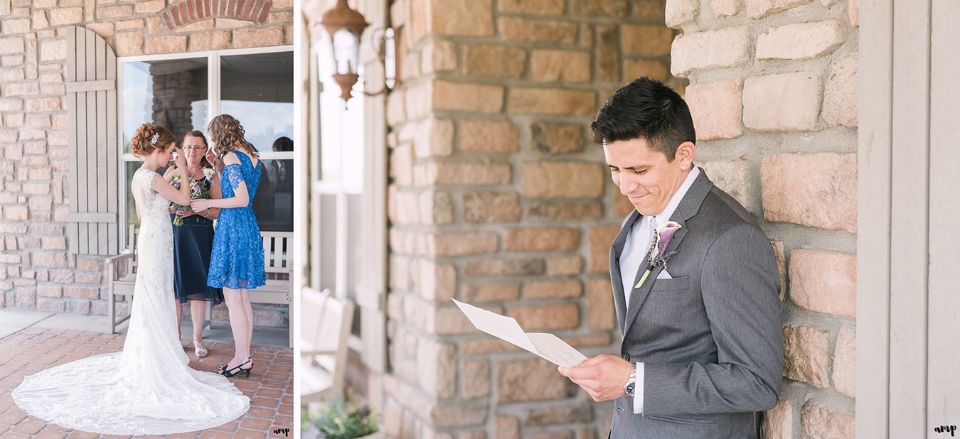 Groom reading his bride's love letter and bride praying