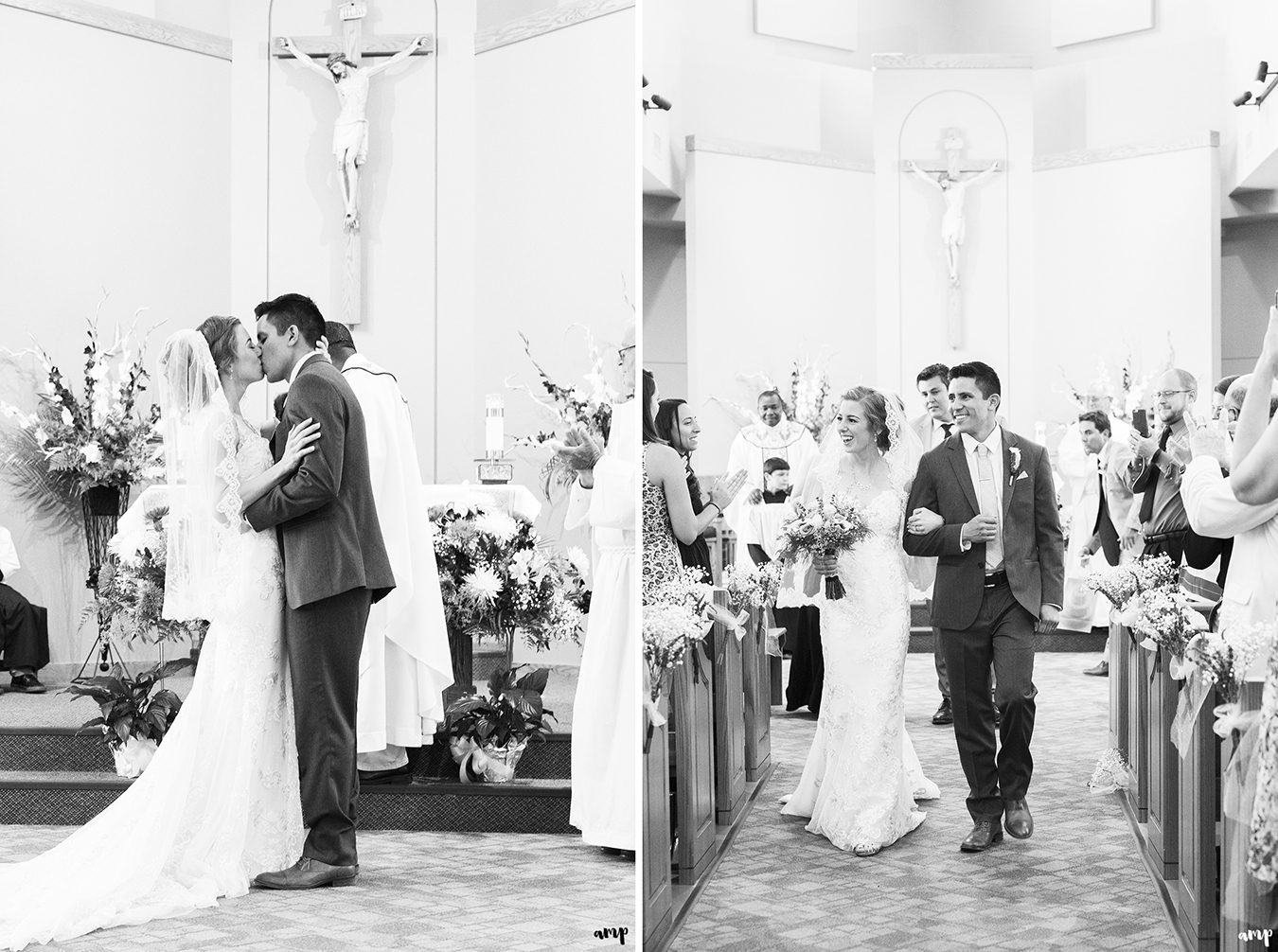 Bride and Groom's first kiss at Sacred Heart in Fruita
