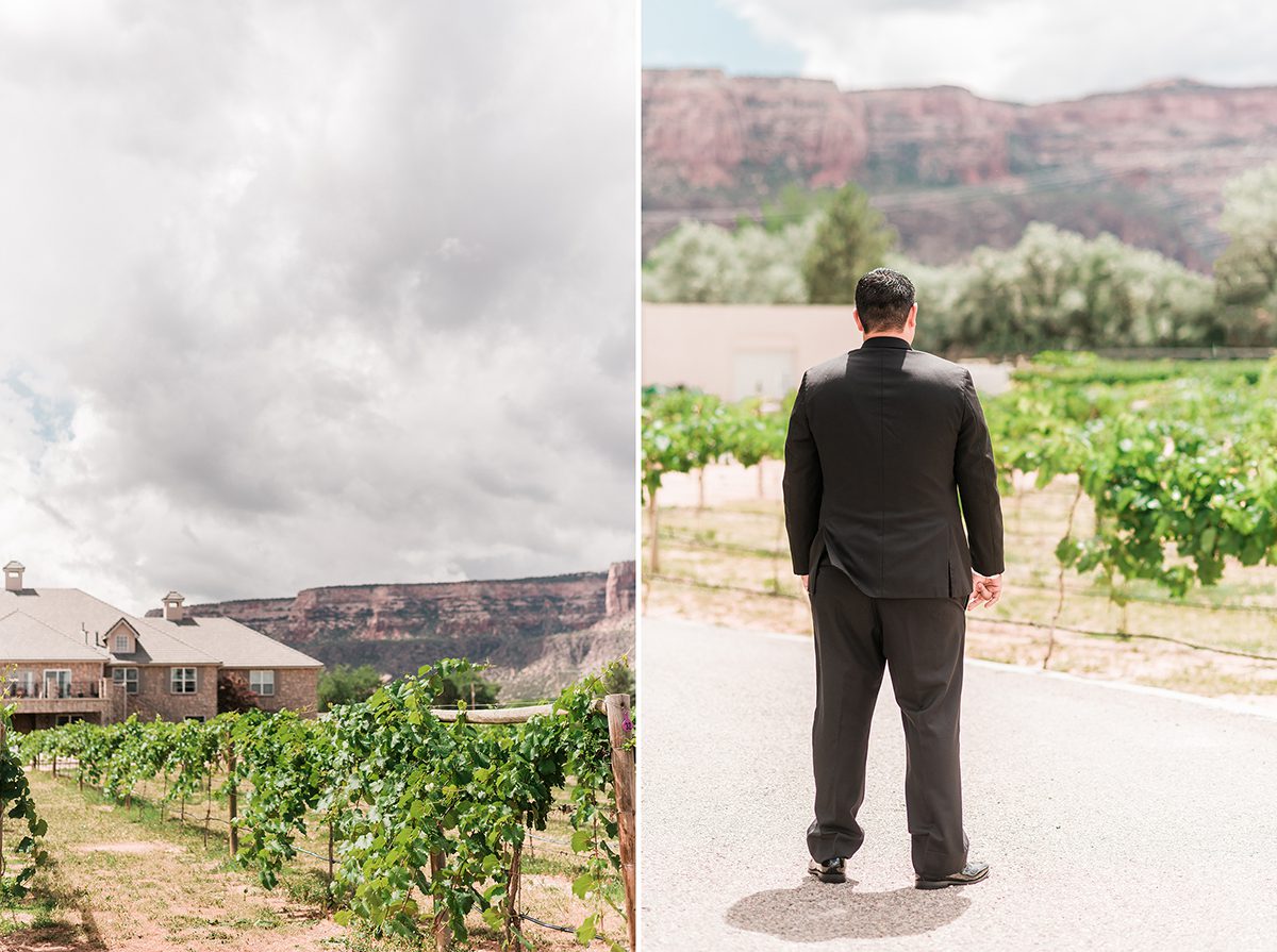Groom waiting outside Two Rivers Winery for the first look